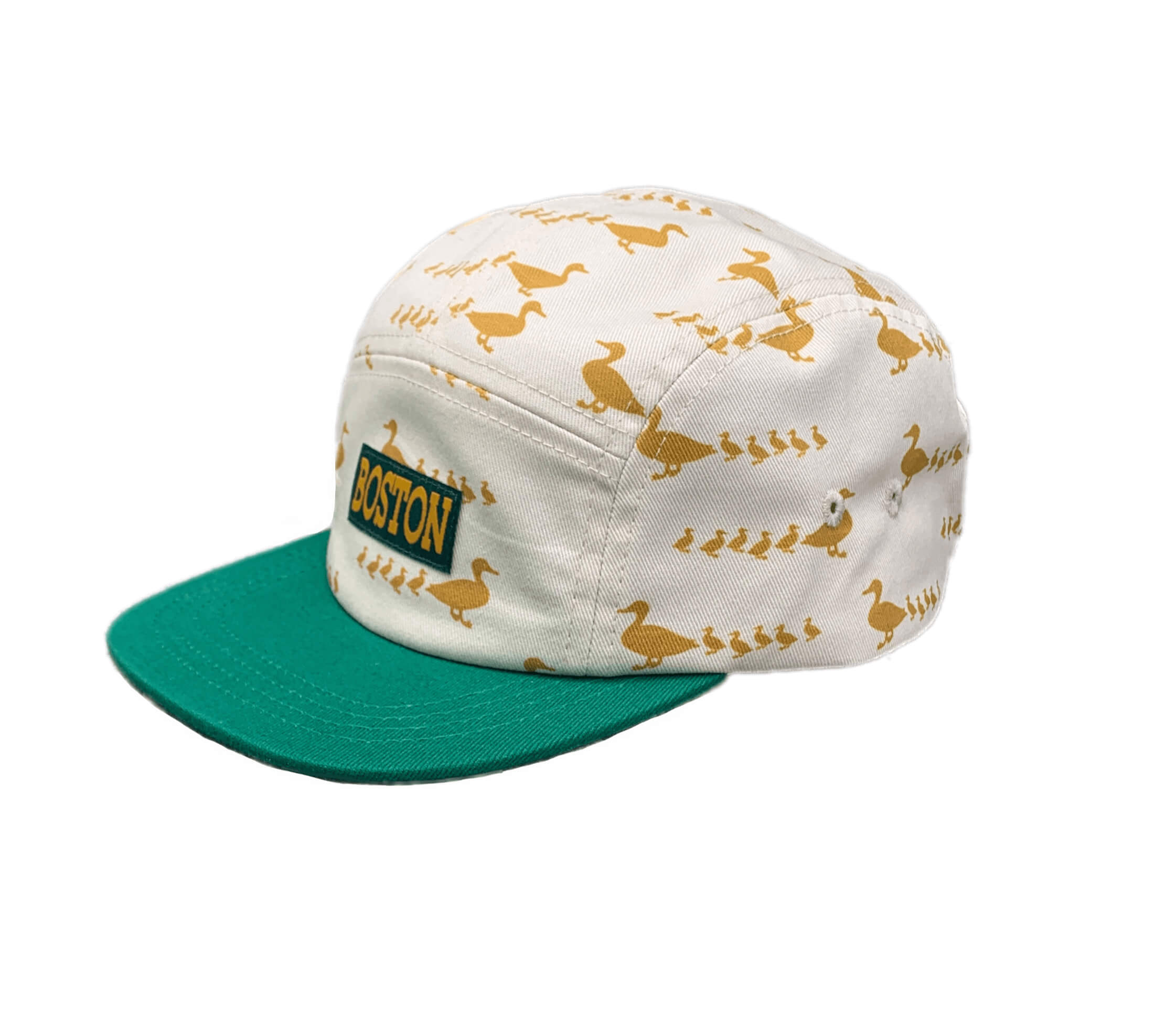 Toddler size cute 5-panel baseball hat with green visor and tan and yellow Boston ducklings print